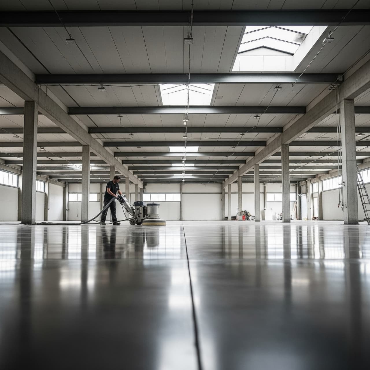 Worker using a floor polisher on a new concrete floor
