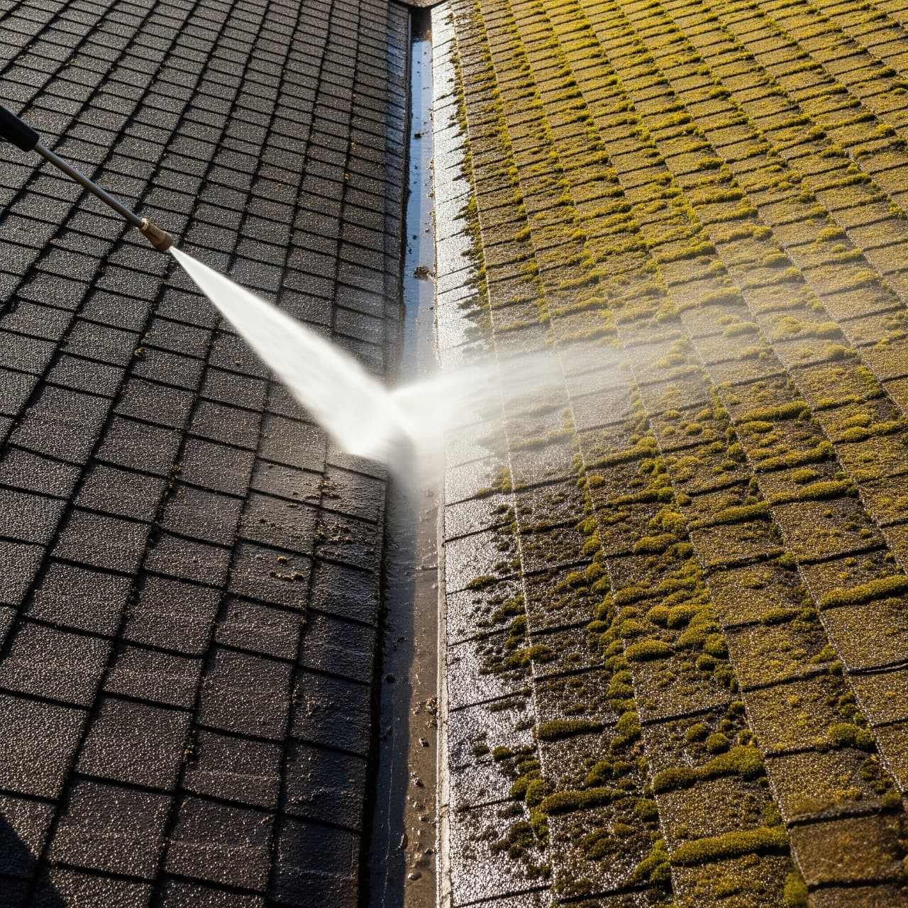 Worker pressure washing a dirty roof