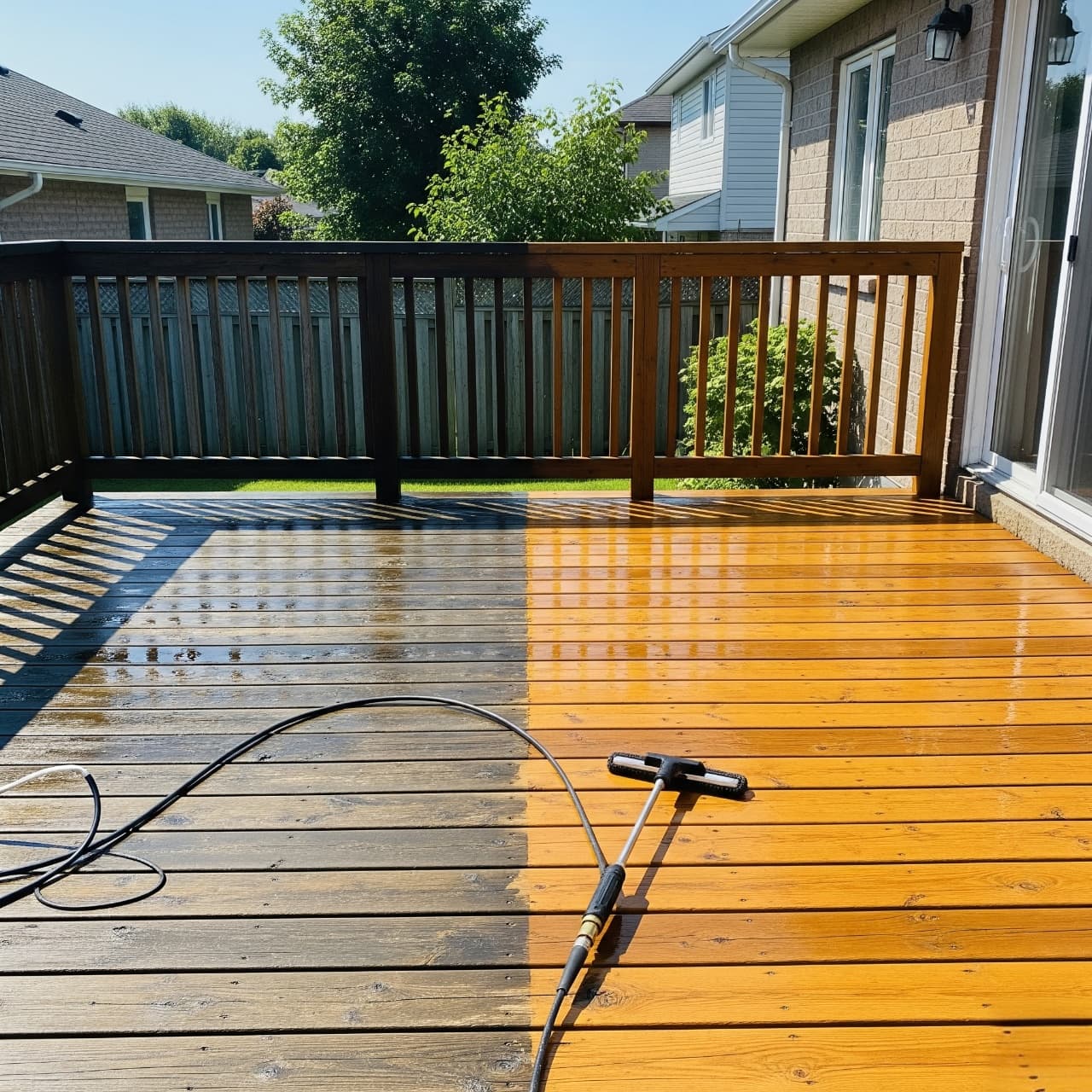 Worker pressure washing a wooden deck
