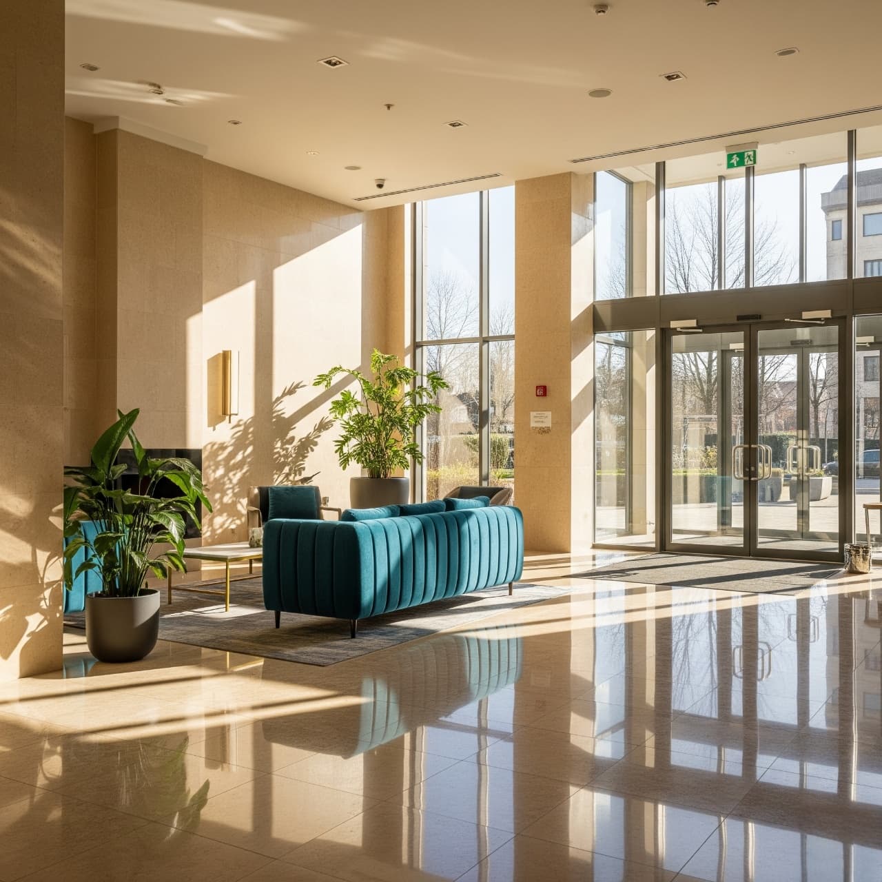 Chic and clean apartment lobby with seating